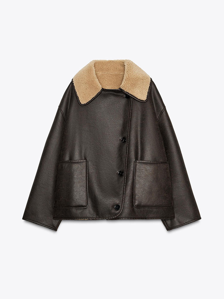 Two Tone Faux Leather Fleece Lined Jacket in brown - view 5