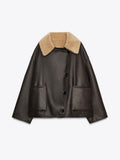 Two Tone Faux Leather Fleece Lined Jacket in brown - view 5