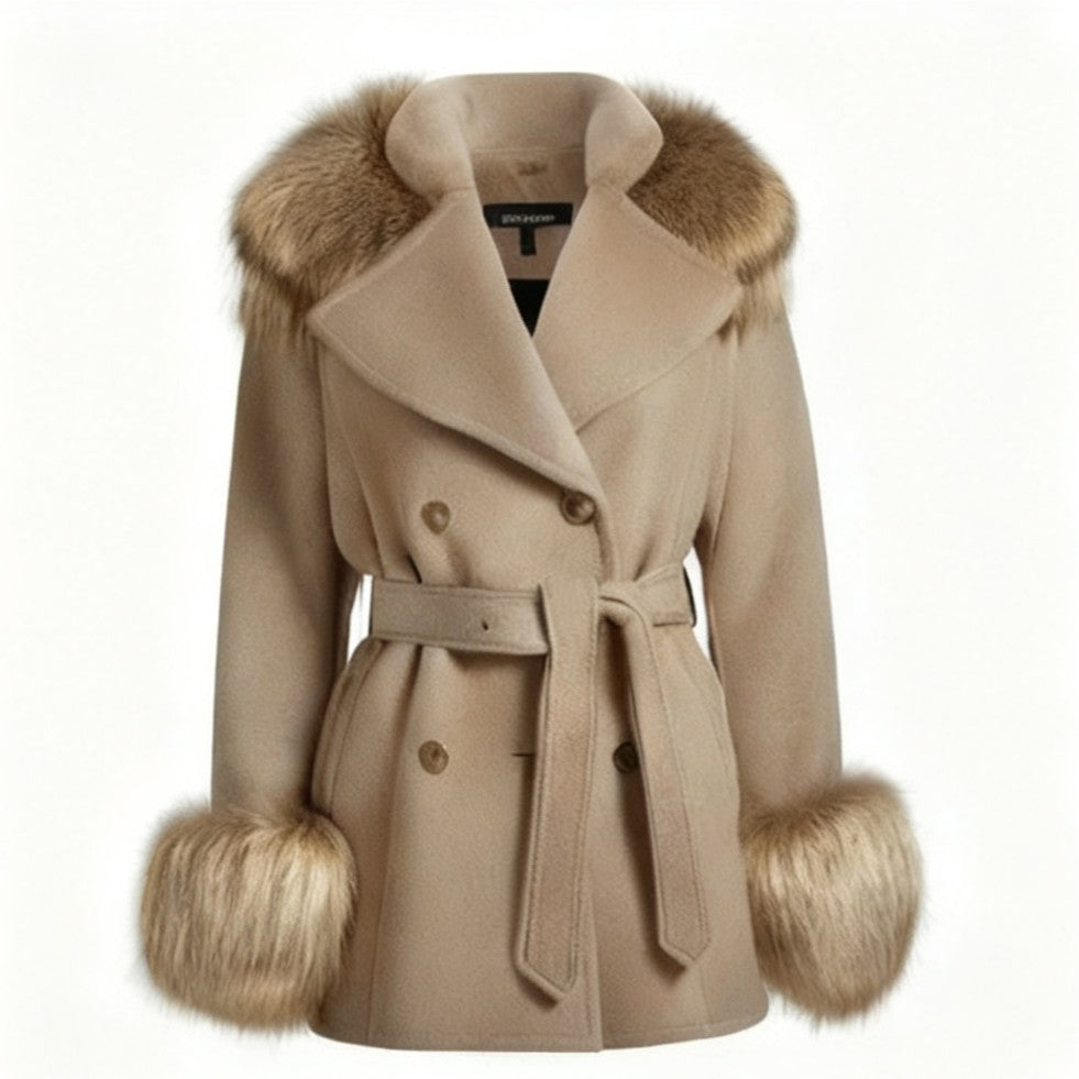 Belted Faux Wool Coat with Faux Fur Collar in beige - view 4