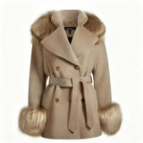 Faux Fur Collar Belted Wool-Look Coat in beige - view 4