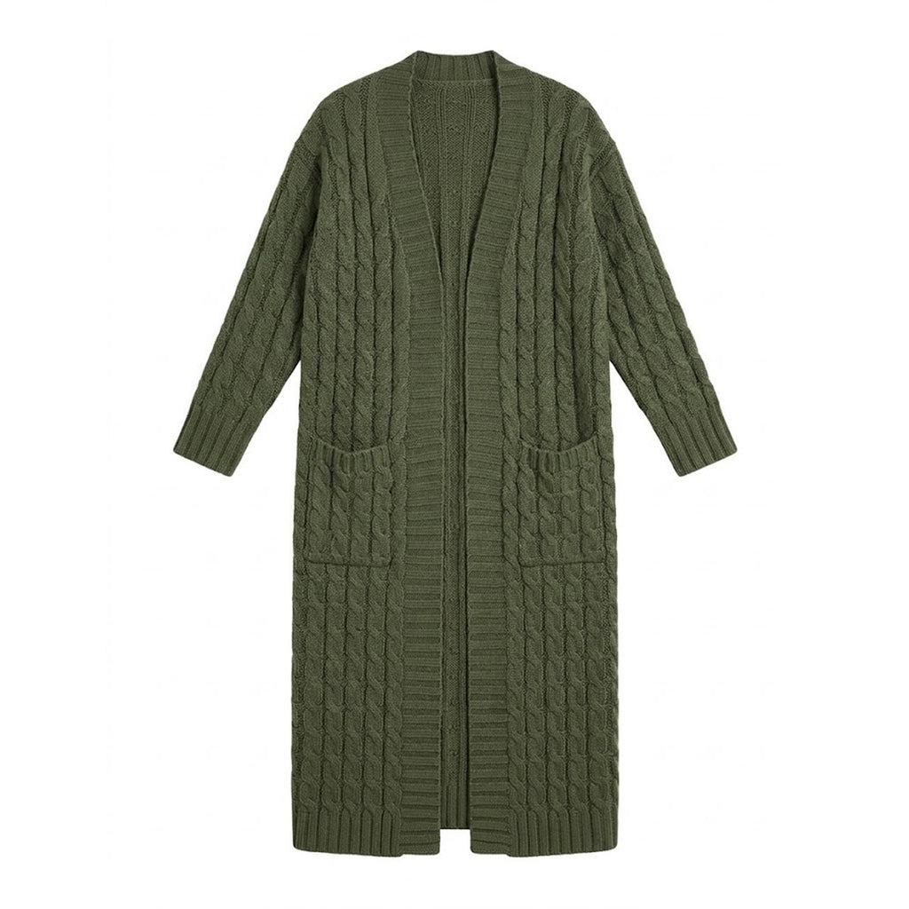 Long Cable Knit Open-Front Cardigan in olive - view 4