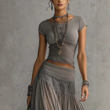 Ribbed Crop Top and Tiered Chiffon Maxi Skirt Set in grey - view 5
