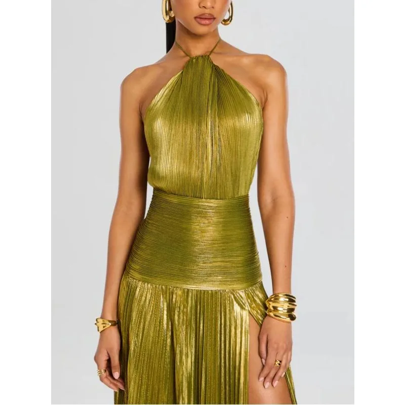 Gold Metallic Pleated Halter Maxi Dress in gold - view 3