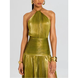 Gold Metallic Pleated Halter Maxi Dress in gold - view 3