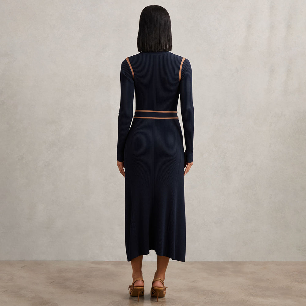 Color Block Ribbed Funnel Neck Midi Sweater Dress in navy - view 6
