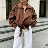 Oversized Faux Suede Belted Moto Jacket in chocolate - view 4