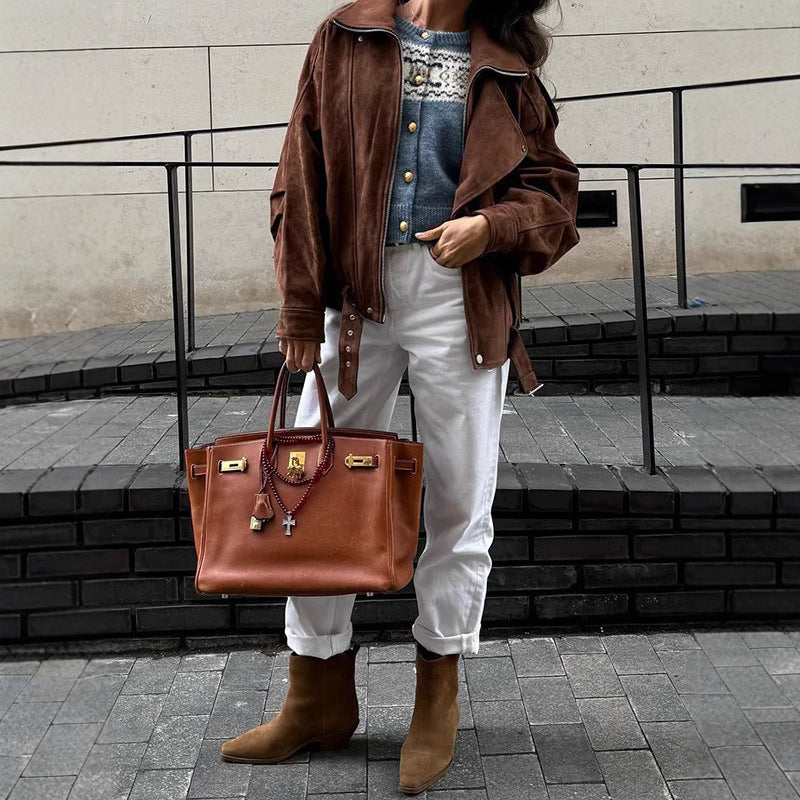 Oversized Faux Suede Belted Moto Jacket in chocolate - view 2