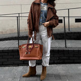 Oversized Faux Suede Belted Moto Jacket in chocolate - view 2