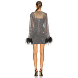 Fishnet Feather Trim Long Sleeve Rhinestone Mini Dress in black - view 3