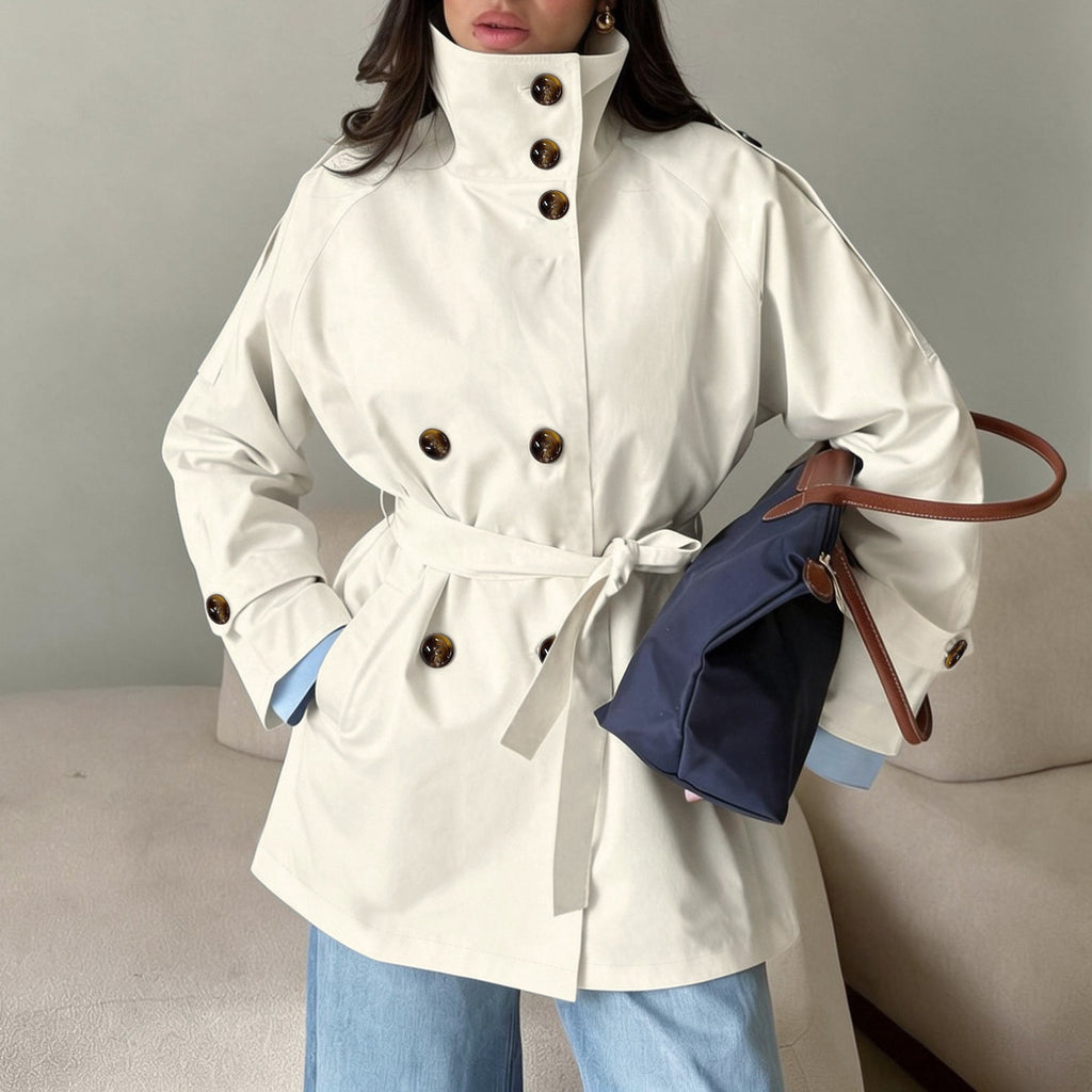 Cropped Stand Collar Belted Trench Jacket in cream - view 2