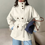 Cropped Stand Collar Belted Trench Jacket in cream - view 2