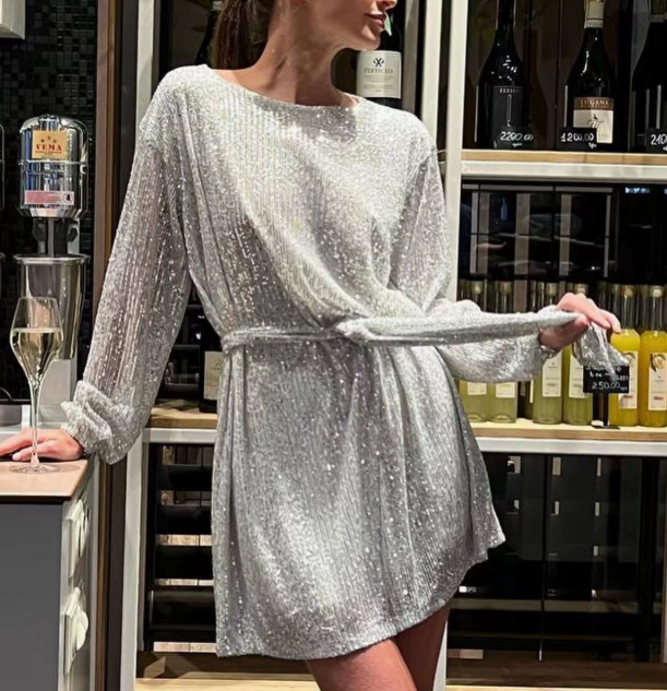 Sequin Long Sleeve Tie Waist Flowy Mini Dress in silver - view 4