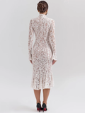 Ivory Lace High-Neck Long Sleeve Midi Dress in ivory - view 5