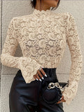 Sheer Lace Mock Neck Long Sleeve Top in beige - view 4