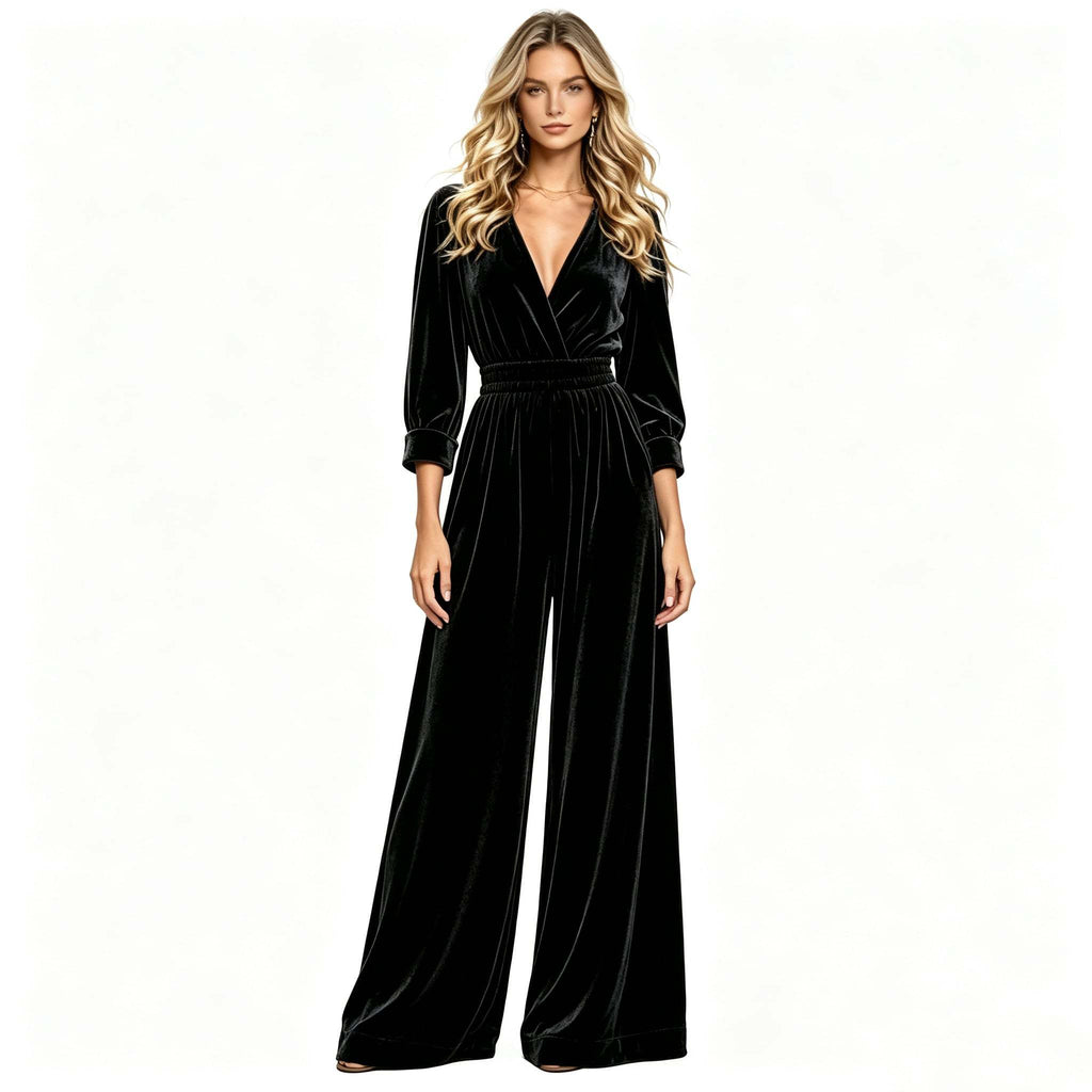 Velvet Wrap V-Neck Wide-Leg Jumpsuit in black - view 4