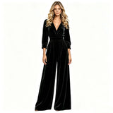 Velvet Wrap V-Neck Wide-Leg Jumpsuit in black - view 4
