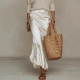 Rib Knit V-Neck Sweater and Satin Slip Skirt Set in ivory - view 3