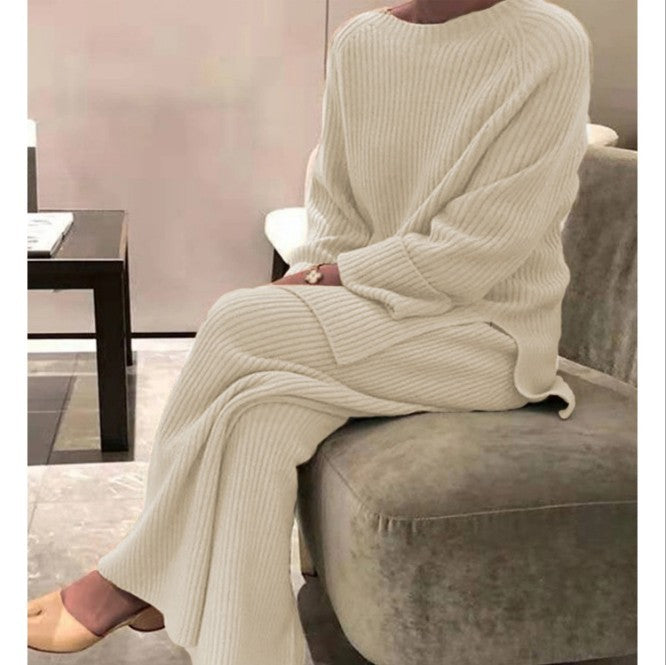 Loose Knit Sweater and Wide Leg Pants Set in cream - view 6