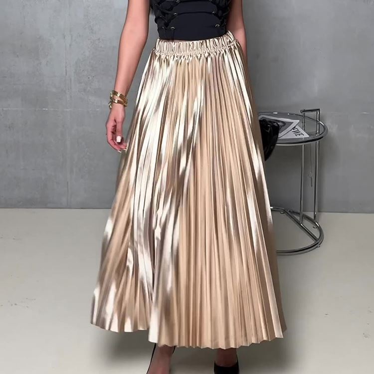 Metallic Pleated A-Line Maxi Skirt in champagne