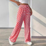 Checked High Waist Wide Leg Pants in red