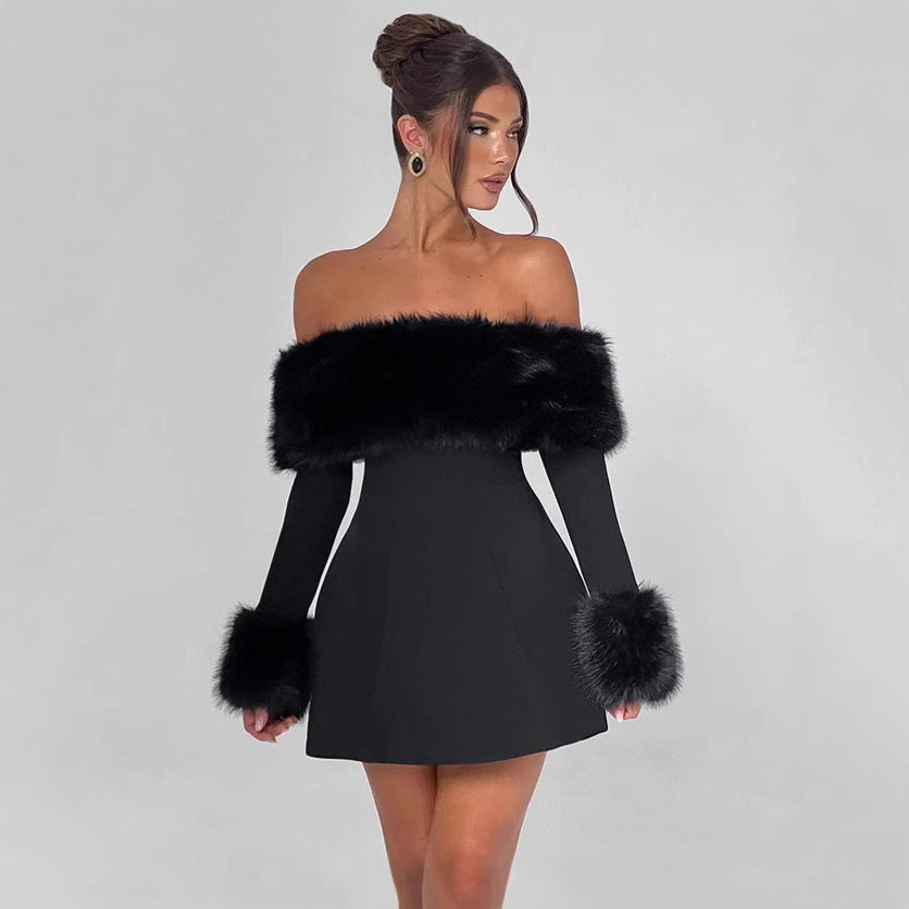 Off Shoulder Faux Fur Trim Skater Mini Dress in black - view 3