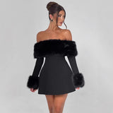 Off Shoulder Faux Fur Trim Skater Mini Dress in black - view 3