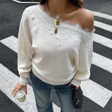 Off-Shoulder Lace-Trim Knit Sweater in cream - view 5