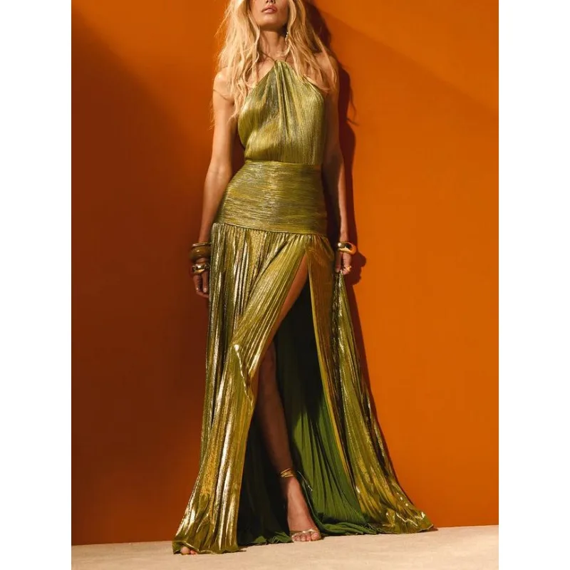 Gold Metallic Pleated Halter Maxi Dress in gold - view 2