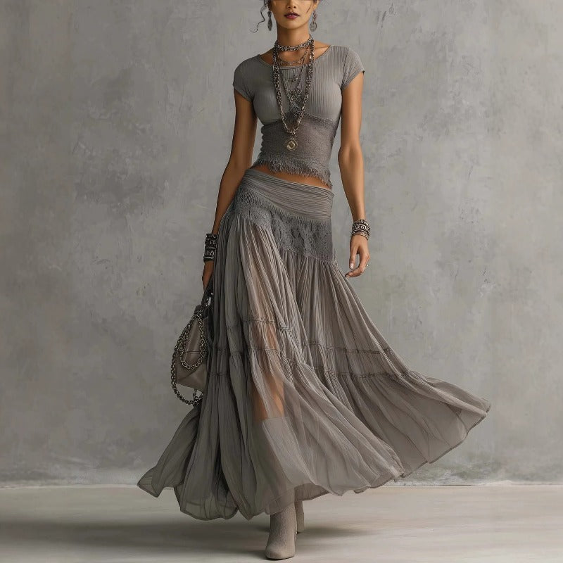 Ribbed Crop Top and Tiered Chiffon Maxi Skirt Set in grey - view 2