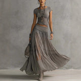 Ribbed Crop Top and Tiered Chiffon Maxi Skirt Set in grey - view 2