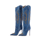 Embroidered Western Stiletto Knee Boots in denim blue