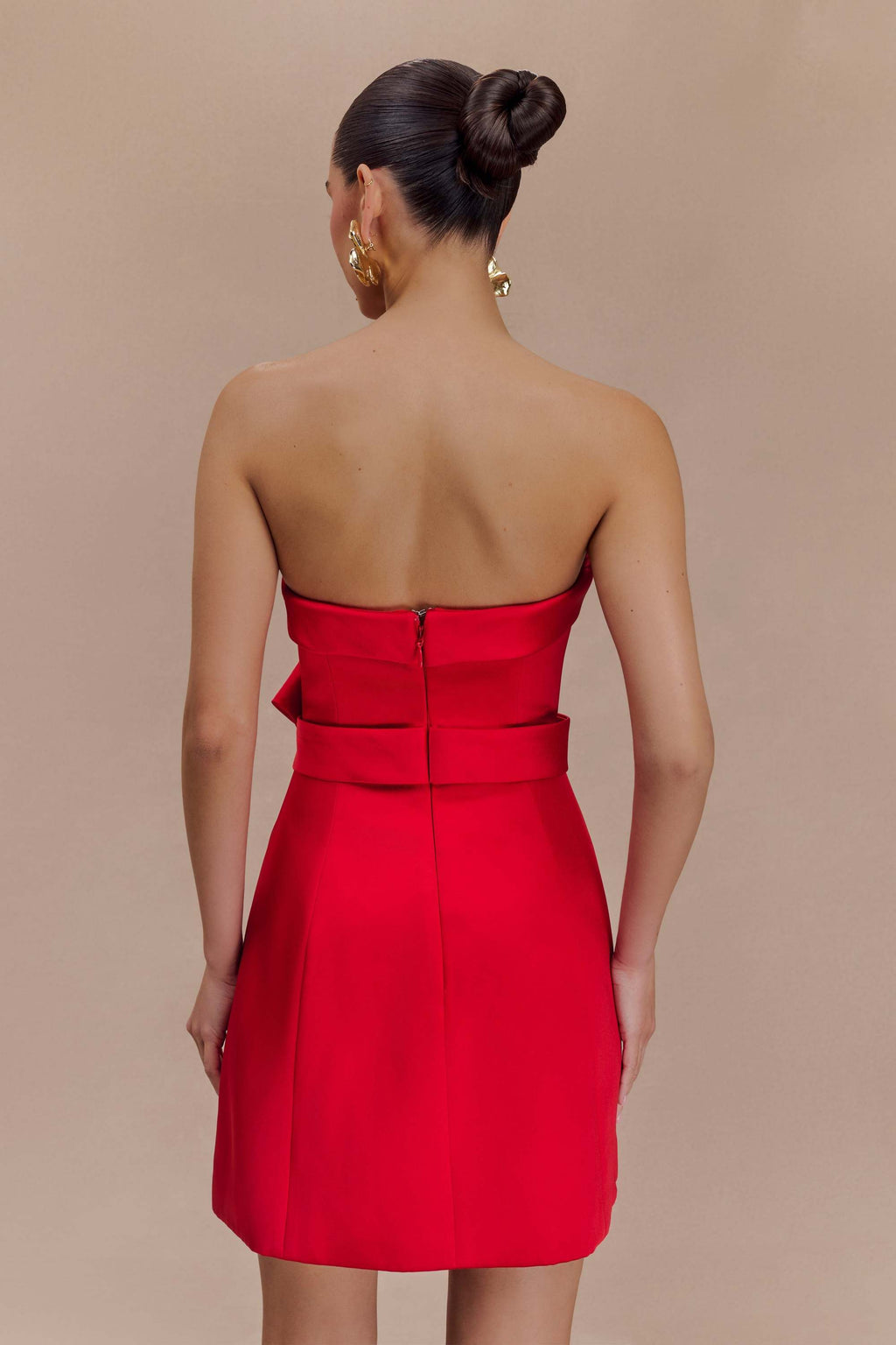 Red Satin Strapless Bow Mini Dress in red - view 4