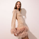 Sequin Feather Trim Flare Sleeve Mini Dress in champagne - view 6