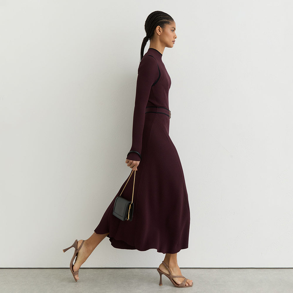 Color Block Ribbed Funnel Neck Midi Sweater Dress in burgundy - view 2