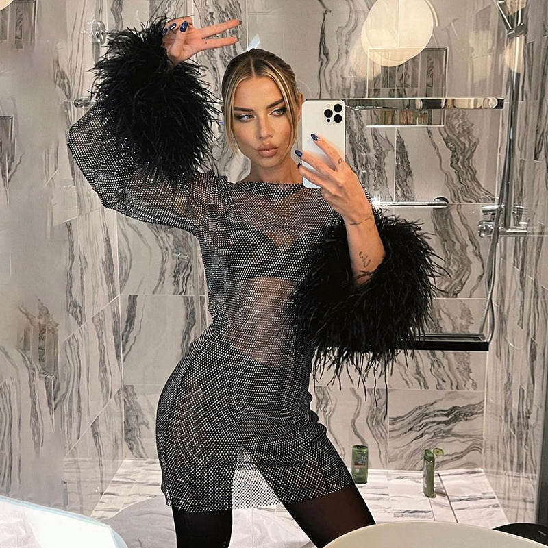 Fishnet Feather Trim Long Sleeve Rhinestone Mini Dress in black - view 4