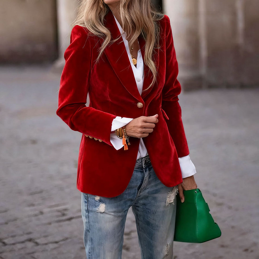 Velvet Single-Breasted Fitted Blazer in red - view 3