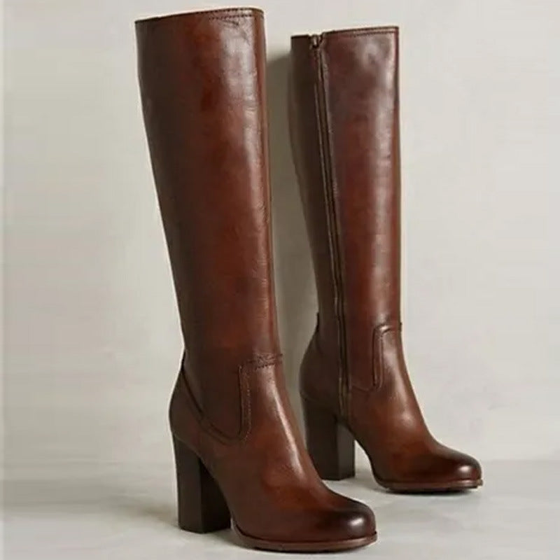 Cognac Leather-Look Block Heel Knee-High Boots in cognac - view 5