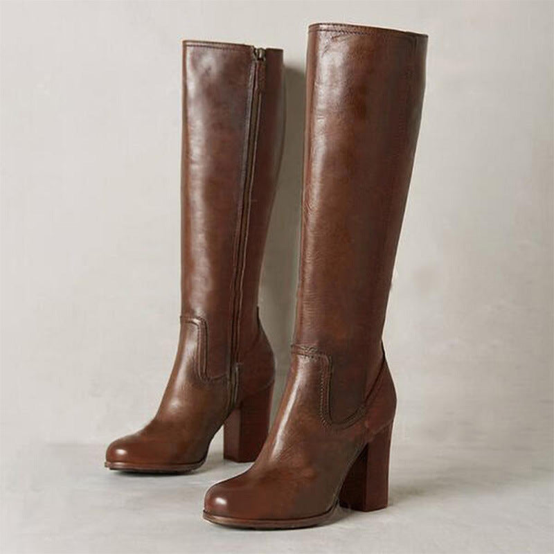 Cognac Leather-Look Block Heel Knee-High Boots in cognac - view 2