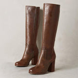 Cognac Leather-Look Block Heel Knee-High Boots in cognac - view 2
