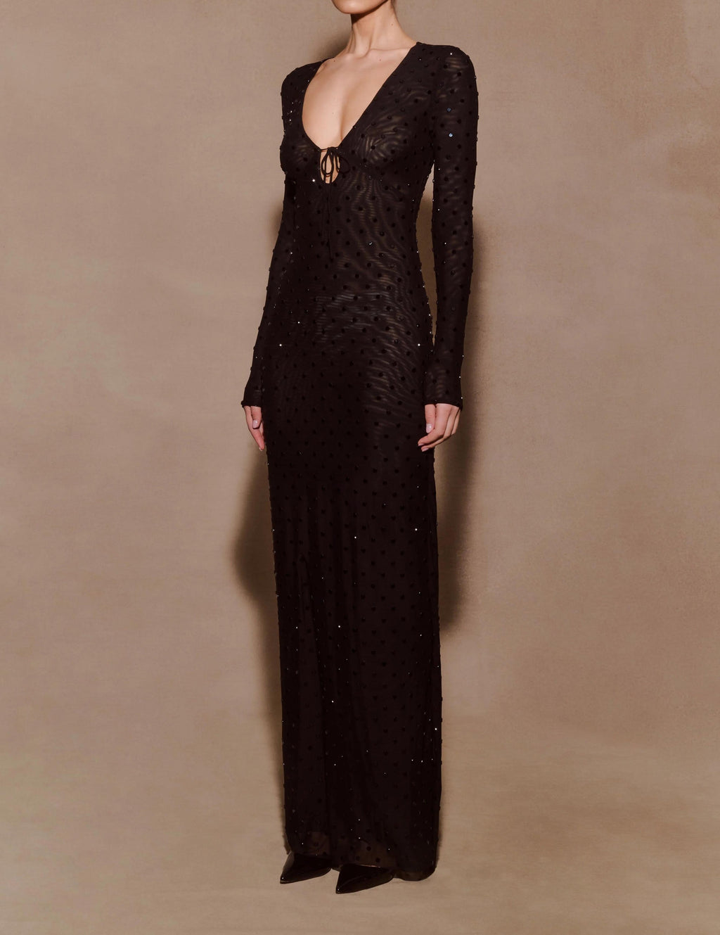 Sheer Mesh Rhinestone Deep V Long Sleeve Maxi Dress in black - view 6
