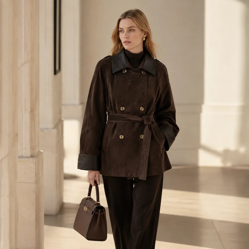 Faux Suede Leather-Collar Belted Double-Breasted Coat in chocolate
