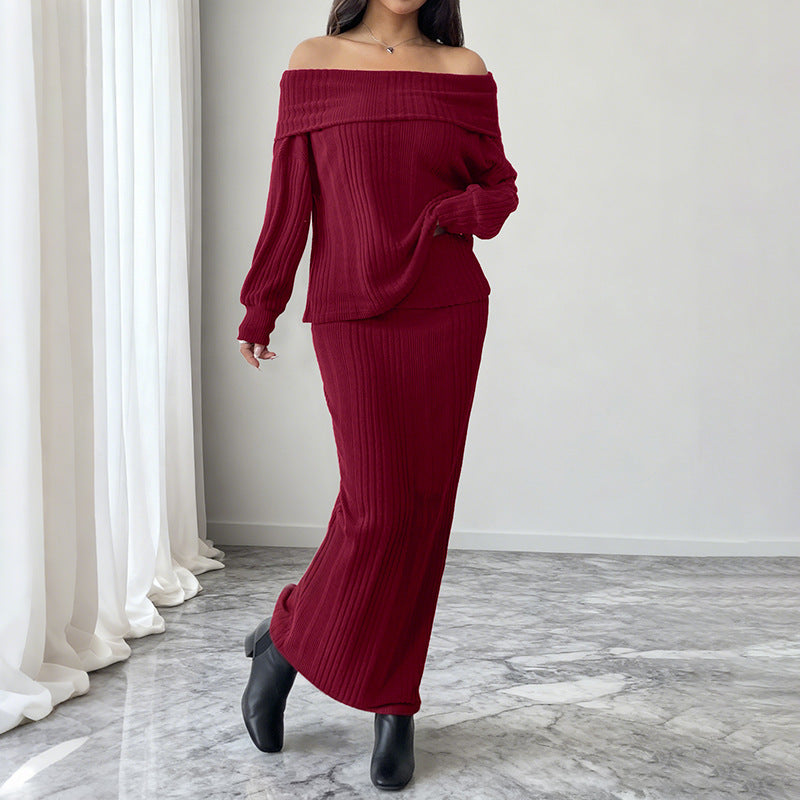 Burgundy Off-Shoulder Ribbed Knit Skirt Set in burgundy - view 2