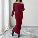 Burgundy Off-Shoulder Ribbed Knit Skirt Set in burgundy - view 2