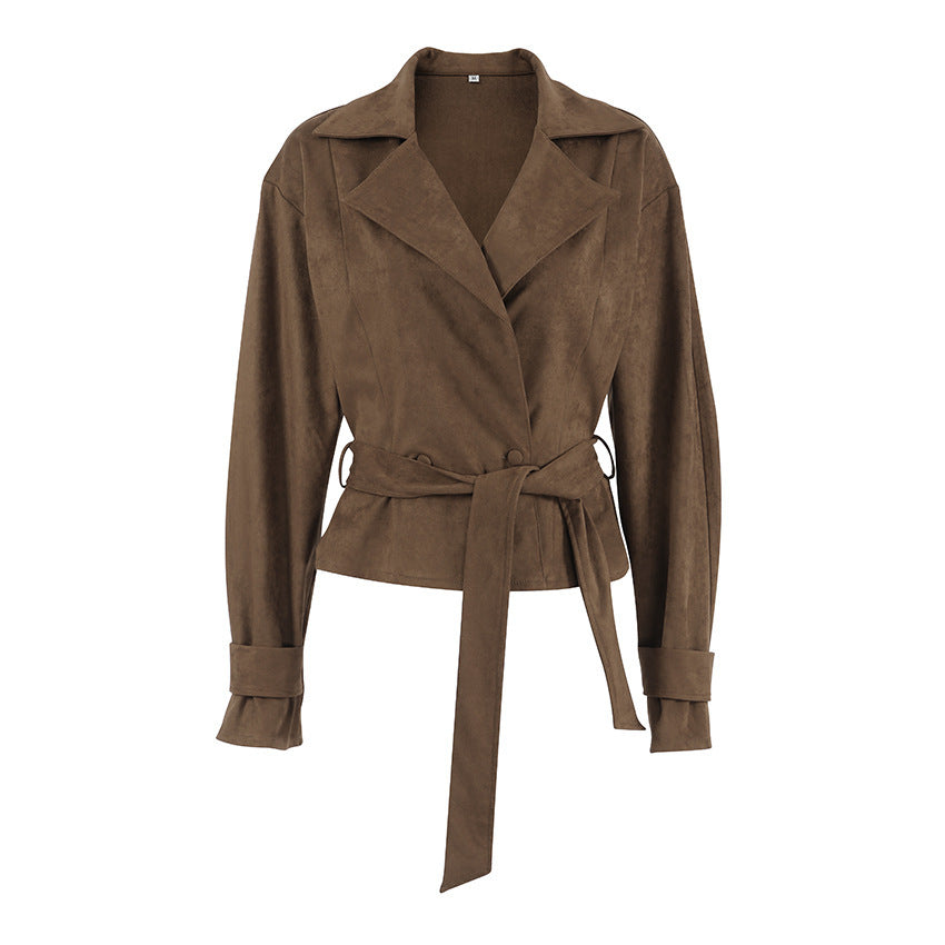 Suede Belted Wrap Coat in brown - view 5