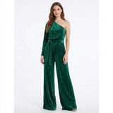 Emerald Velvet One-Shoulder Belted Wide-Leg Jumpsuit in emerald