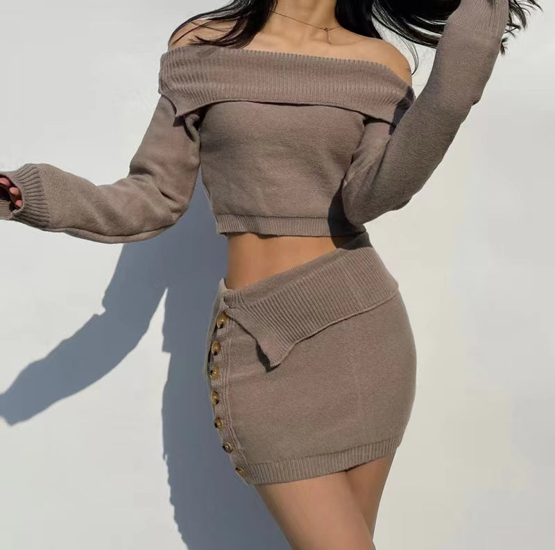 Off-Shoulder Knit Crop Sweater and Mini Skirt Set in taupe