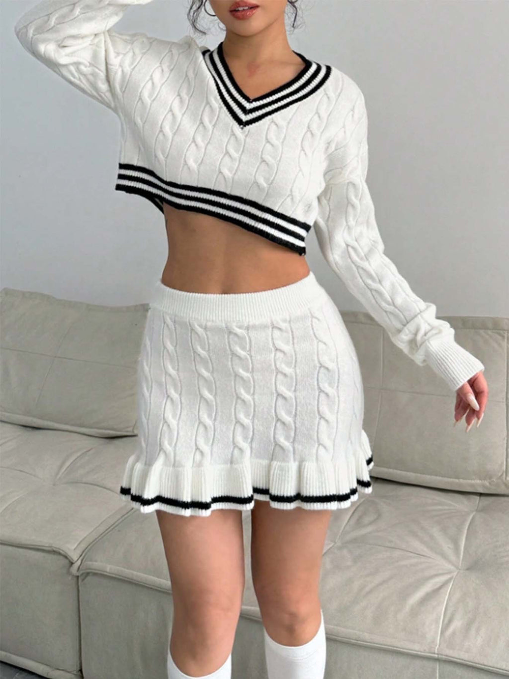 Cable Knit Cropped Sweater and Ruffle Mini Skirt Set in cream - view 4