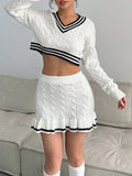 Cable Knit Cropped Sweater and Ruffle Mini Skirt Set in cream - view 4