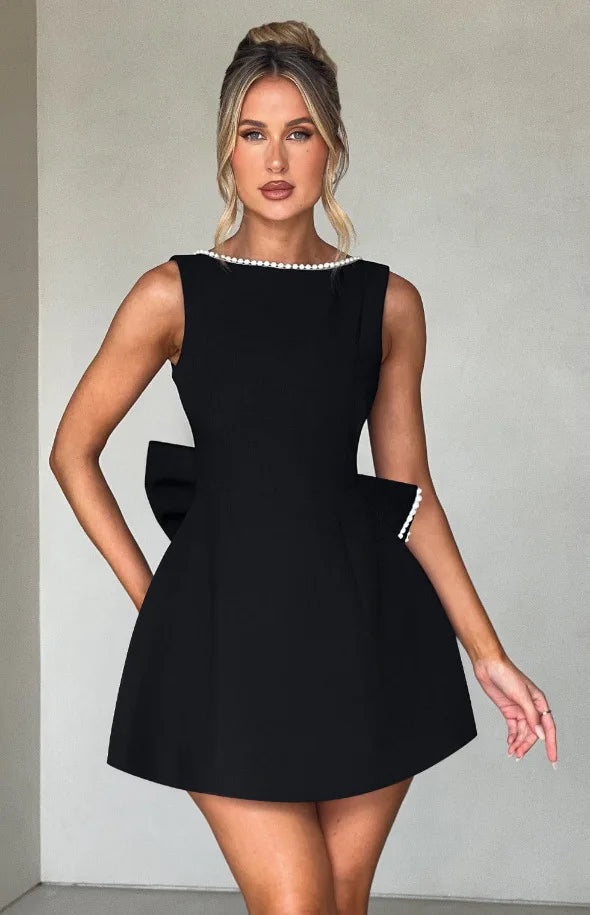 Pearl-Trim Bow Back Mini Dress in black - view 4