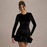 Velvet Crew Neck Ruffle Hem Mini Dress in black - view 3